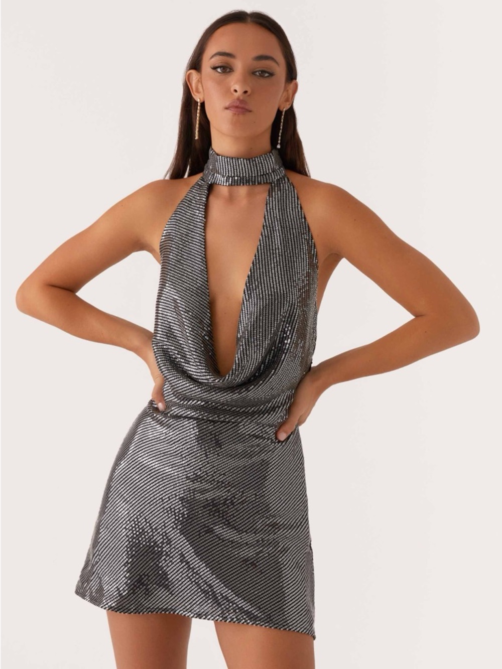 Peppermayo Nora Sequin Cowl Neck Mini Dress Silver Black